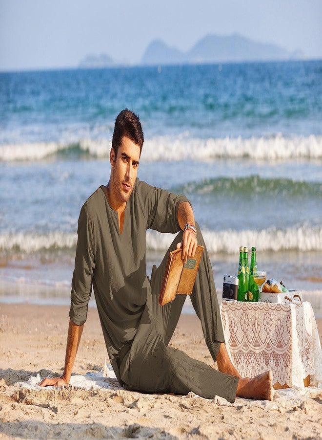 COOFANDY Men's Linen Suits 2 Piece Summer Beach Outfits V Neck Shirt Drawstring Pants Sets - Image 4